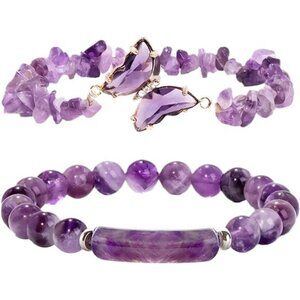 2PCS Purple Crystal Bracelets for Women Amethyst Pink Quartz Butterfly